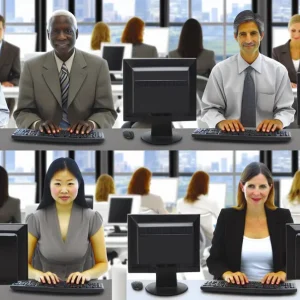 Employés dans une PME utilisant des ordinateurs, reflétant une gestion IT optimisée.