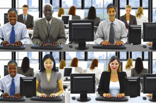 Employés dans une PME utilisant des ordinateurs, reflétant une gestion IT optimisée.