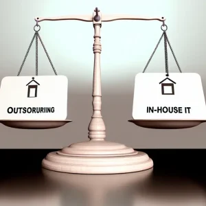 Balance avec 'externalisation' et 'IT interne', montrant le choix IT pour les PME.