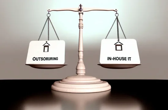 Balance avec 'externalisation' et 'IT interne', montrant le choix IT pour les PME.