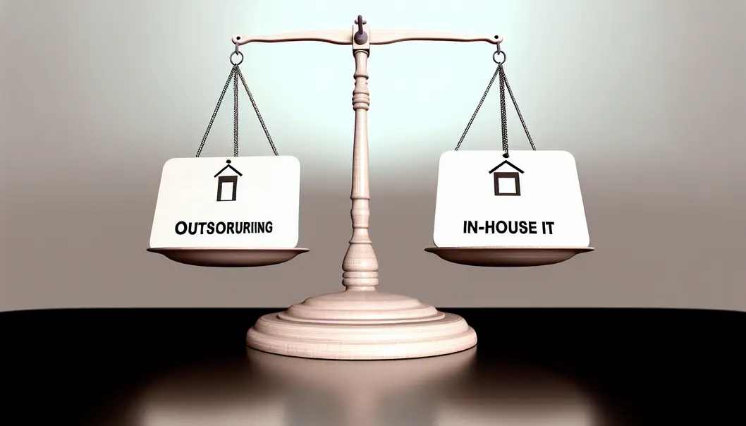 Balance avec 'externalisation' et 'IT interne', montrant le choix IT pour les PME.