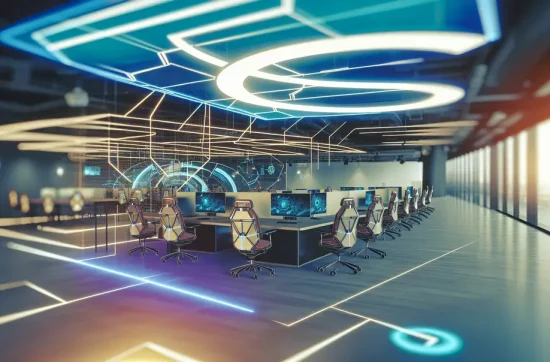 Espace de travail futuriste d'une PME utilisant une technologie de pointe.
