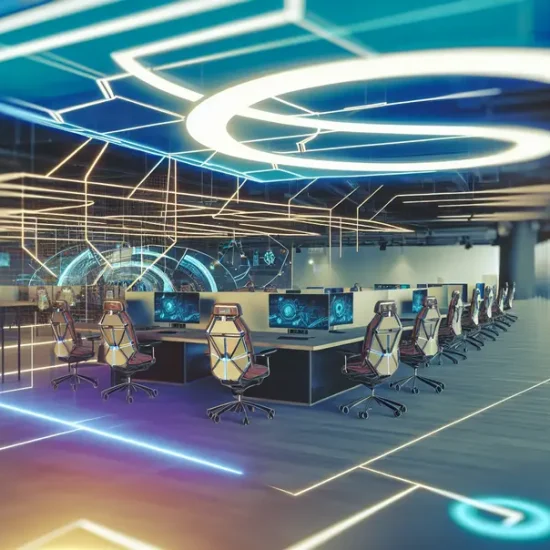 Espace de travail futuriste d'une PME utilisant une technologie de pointe.