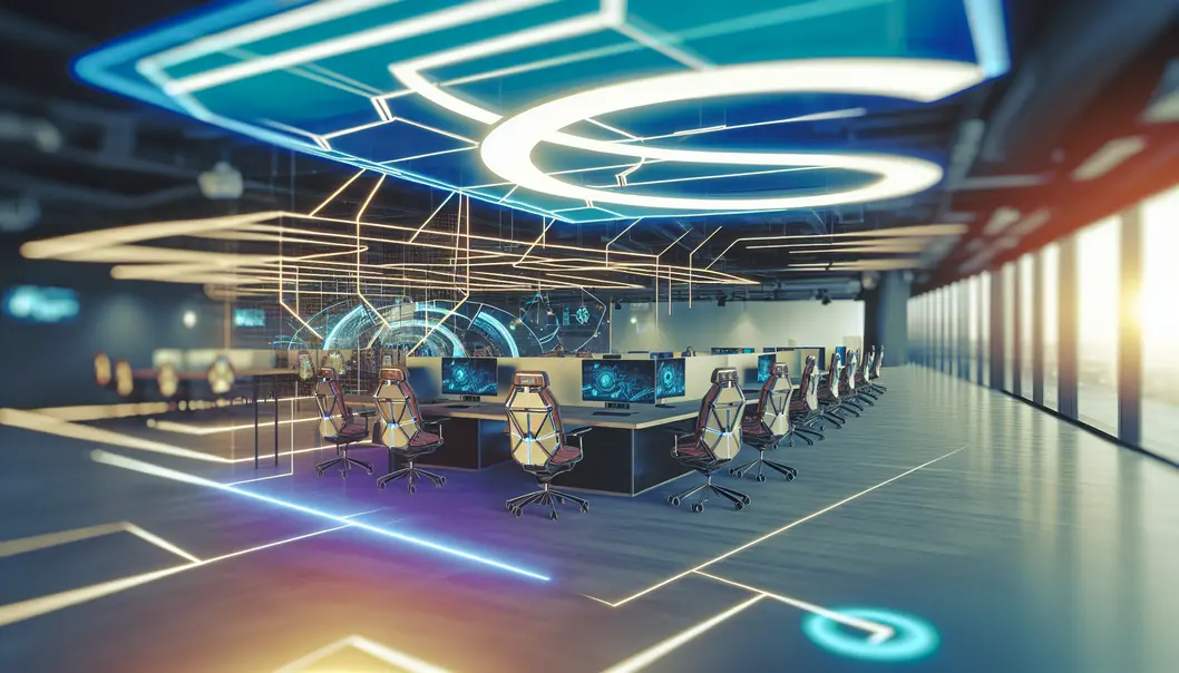 Espace de travail futuriste d'une PME utilisant une technologie de pointe.